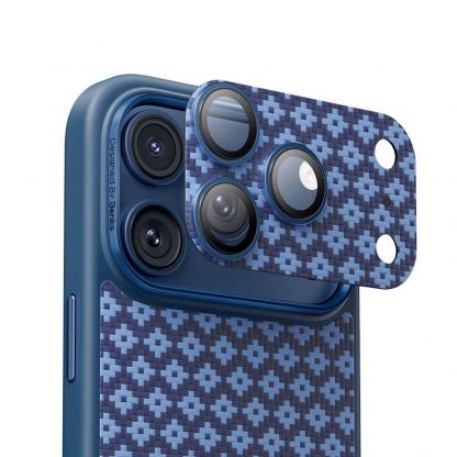 Предпазни стъклени лещи с цяла кевларна плочка за камерата на iPhone 17 Pro - Benks ArmorWarrior Aramid Lens Protector Tempered Glass (син)
