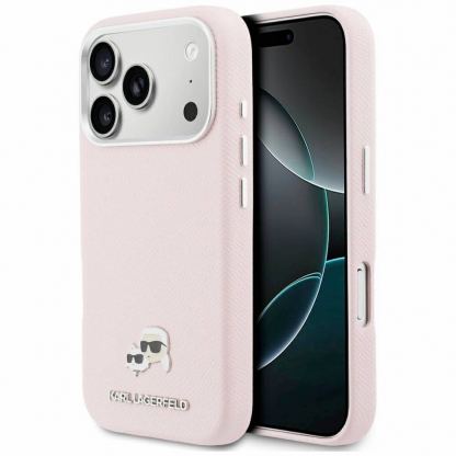 Дизайнерски кожен кейс с MagSafe за iPhone 17 Pro Max - Karl Lagerfeld PU Saffiano Karl and Choupette Heads Pins MagSafe Case (розов)