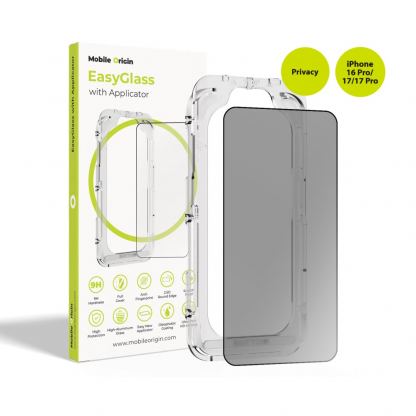 Калено стъклено защитно покритие с определен ъгъл на виждане за дисплея на iPhone 16 Pro, iPhone 17, iPhone 17 Pro - Mobile Origin EasyGlass Privacy Full Cover Tempered Glass With Applicator