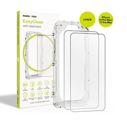 2 броя калени стъклени защитни покрития за дисплея на iPhone 17 Pro Max, iPhone 16 Pro Max - Mobile Origin EasyGlass Full Cover Tempered Glass Pack With Applicator (черен-прозрачен)