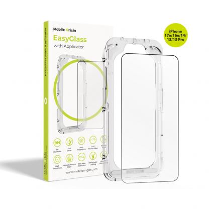 Калено стъклено защитно покритие за дисплея на iPhone 17e, iPhone 16e, iPhone 14, iPhone 13, iPhone 13 Pro - Mobile Origin EasyGlass Full Cover Tempered Glass With Applicator (черен-прозрачен)