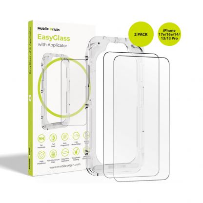 2 броя калени стъклени защитни покрития за дисплея на iPhone 17e, iPhone 16e, iPhone 14, iPhone 13, iPhone 13 Pro - Mobile Origin EasyGlass Full Cover Tempered Glass Pack With Applicator (черен-прозрачен)