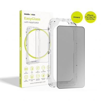 Калено стъклено защитно покритие с определен ъгъл на виждане за дисплея на iPhone 17e, iPhone 16e, iPhone 14, iPhone 13, iPhone 13 Pro - Mobile Origin EasyGlass Privacy Full Cover Tempered Glass With Applicator
