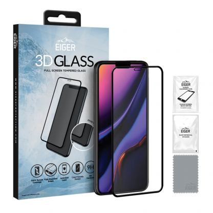 Eiger 3D Glass Full Screen Tempered Glass Screen Protector - калено стъклено защитно покритие с извити ръбове за целия дисплей на iPhone 11 (черен-прозрачен)