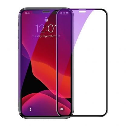 Baseus Anti-bluelight Curved Full Screen Tempered Glass (0.23 mm) - калено стъклено защитно покритие за целия дисплей на iPhone 11, iPhone XR (прозрачен-черен) (2 броя)