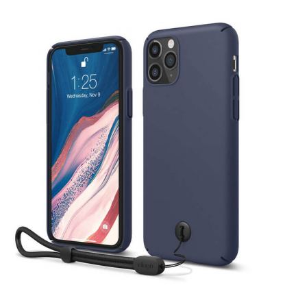 Elago Slim Fit Strap Case - качествен поликарбонатов кейс с каишка за китката за iPhone 11 Pro Max (тъмносин)