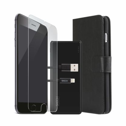 Skech Bundle Pack - комплект кожен калъф, стъклено защитно покритие, външна батерия и Lightning USB кабел за iPhone 8, iPhone 7, iPhone 6S, iPhone 6