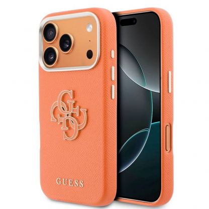 Дизайнерски кожен кейс с MagSafe за iPhone 17 Pro Max - Guess PU Saffiano Resin Logo MagSafe Case (оранжев)