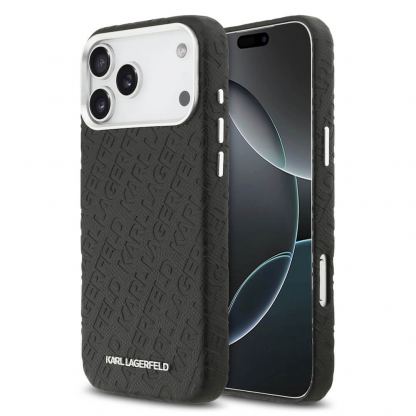 Дизайнерски кожен кейс с MagSafe за iPhone 17 Pro Max - Karl Lagerfeld PU Grained Repeated Logo MagSafe Leather Hard Case (черен)