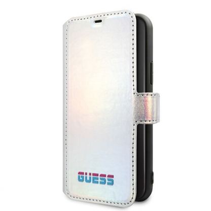Guess Iridescent  Booktype Case - дизайнерски кожен калъф, тип портфейл за iPhone 11 Pro Max (сребрист)