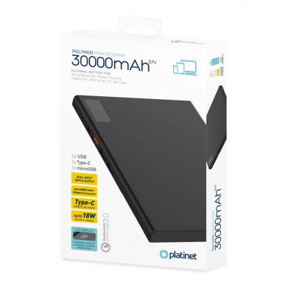 Platinet Power Bank 30000mAh - външна батерия с 3 USB изходa и USB-C порт за зареждане на таблети и смартфони (черен)