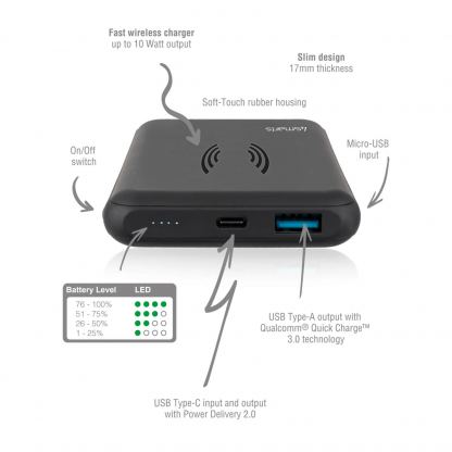 4smarts Inductive Wireless Power Bank VoltHub 10000 mAh with QQC 3.0 and PhD - безжична външна батерия с USB и USB-C изходи, QQC 3.0 и PhD (черен)