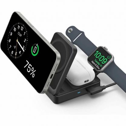 Преносима тройна поставка (пад) за безжично зареждане за iPhone с MagSafe, Apple Watch, AirPods и Qi съвместими мобилни устройства - Anker MagGo 3-in-1 MagSafe Qi2 Pocket Charger (черен)