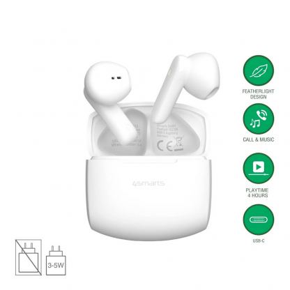 Безжични блутут слушалки със зареждащ кейс - 4smarts SkyBuds Air TWS In-Ear Bluetooth Earphones (бял)