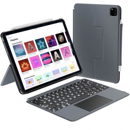 Полиуретанов калъф, клавиатура, тракпад и поставка за iPad Air 13 (2025), iPad Air 13 (2024), iPad Pro 12.9 (2022), iPad Pro 12.9 (2021) - Macally Wireless Touchpad Keyboard Case US (черен)