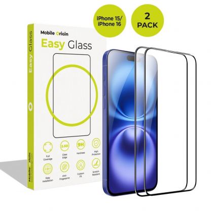 2 броя калени стъклени защитни покрития за дисплея на iPhone 16, iPhone 15 - Mobile Origin EasyGlass Full Cover Tempered Glass 2 Pack (черен-прозрачен)