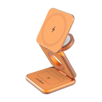 Тройна поставка (пад) за безжично зареждане за iPhone с MagSafe, Apple Watch, AirPods и Qi съвместими мобилни устройства - Prodigee 3Rio Pro 3-in-1 Wireless Charger 22.5W (оранжев)
