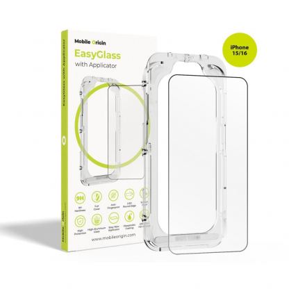 Калено стъклено защитно покритие за дисплея на iPhone 16, iPhone 15 - Mobile Origin EasyGlass Full Cover Tempered Glass With Applicator (черен-прозрачен)