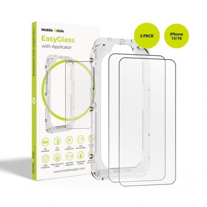 2 броя калени стъклени защитни покрития за дисплея на iPhone 16, iPhone 15 - Mobile Origin EasyGlass Full Cover Tempered Glass Pack With Applicator (черен-прозрачен)