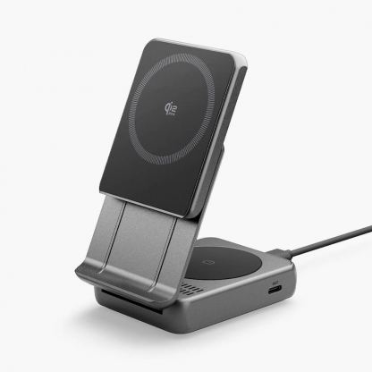 Двойна поставка (пад) за безжично зареждане за iPhone с Magsafe и AirPods - Spigen Essential Qi2.2 2-in-1 Foldable Wireless Charger 35W (черен)