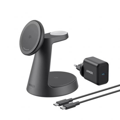 Преносима тройна поставка (пад) за безжично зареждане за iPhone с MagSafe, Apple Watch, AirPods и Qi съвместими мобилни устройства - Anker MagGo 3-in-1 MagSafe Qi2 15W Wireless Charging Station (черен)