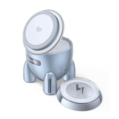 Двойна поставка (пад) за безжично зареждане за iPhone с Magsafe и AirPods - Ugreen Qi2 Rocket 2-in-1 Inductive Wireless Charger 25W (син)