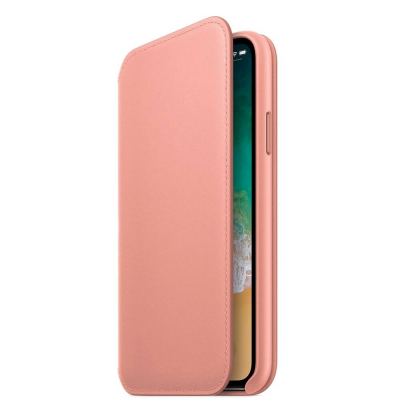 Apple Leather Folio Case - оригинален кожен (естествена кожа) калъф за iPhone X (розов)